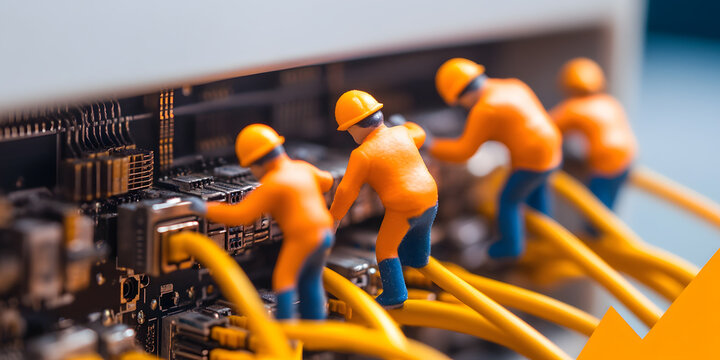 Miniature workers maintain complex network cables and circuitry. A detailed close-up showcasing intricate technological infrastructure and the human element of maintenance. - Powered by Adobe