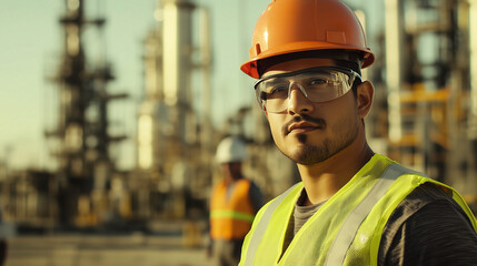 Fototapeta premium copy space, hispanic worker with safety vest and hardhat on an industrial site, chemical plant, face visible, other workers in background. Hispanic engineer with hardhat on chemical factory, latin wor