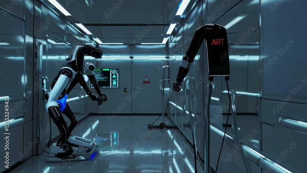 Poster exploration of advanced robotics in a high-tech laboratory with machines engaged in tasks