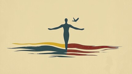 A Silhouette of Man Stands on Water With a Bird Flying Above