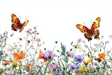 A couple of butterflies with heart-shaped wings fluttering around colorful flowers in a blooming meadow, cutout on a transparent (PNG) background