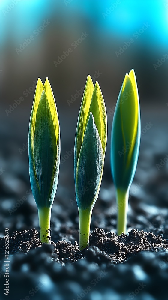 Aufkleber emerging green sprouts in fertile soil under soft natural light : generative ai