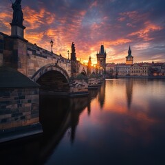 Fototapeta premium Charles Bridge at sunset, Prague, Czech Republic, Europe. Vector illustration