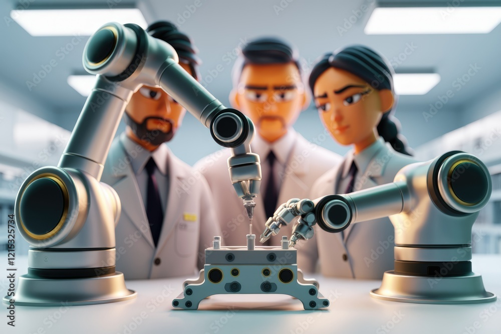 Poster Two robotic arms precisely assemble a component while three scientists supervise the process in a sterile lab.