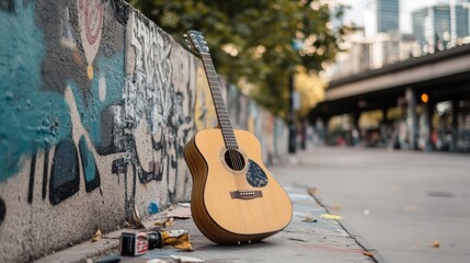 A lone acoustic guitar leans against a graffitied wall in an urban setting, evoking raw street music and the soul of the city.