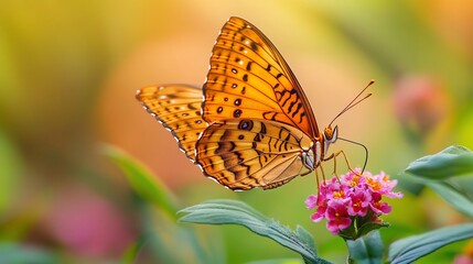 Orange butterfly feeding on pink flower, vibrant garden bokeh