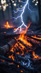 Flames and Lightning in a Dark Forest Scene