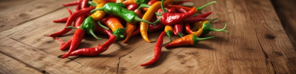 Freshly picked beautiful chilli peppers on a wooden table, peppers, table