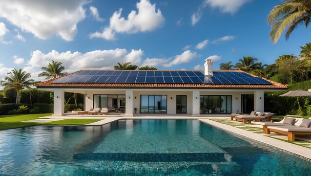 Luxury modern villa with pool and solar panels