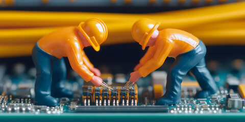 Miniature workers meticulously repairing a circuit board.  A close-up showcasing detail and precision in technological maintenance.
