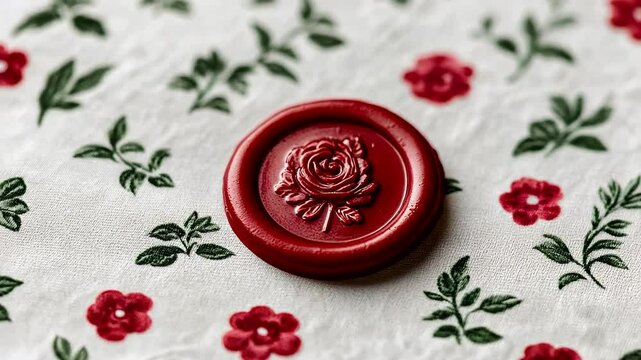 Red wax seal with rose design on floral fabric background, ideal for Valentine's Day or anniversaries
