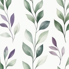 Watercolor Painting of Elegant Green and Purple Leaves