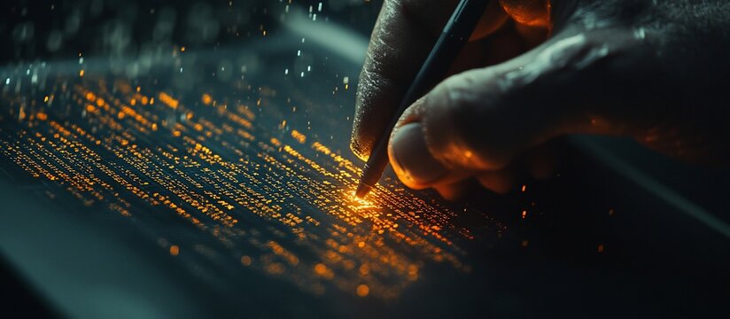 Hand writing glowing code on tablet, digital rain background, tech concept