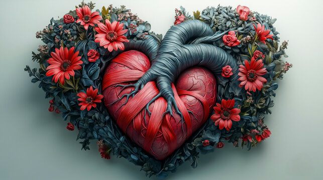 Artistic representation of a heart entwined with flowers and foliage showcasing love and nature in vibrant colors
