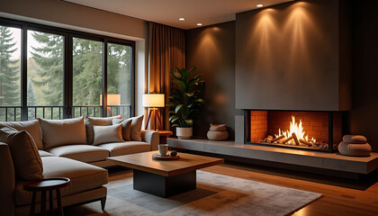 Luxurious Modern Living Room with Beige Sectional and Forest Panorama
