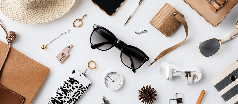 Flatlay Summer essentials, accessories, travel items on white background