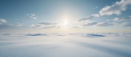 Snowy landscape, sunlit arctic plain, serene cloudscape, winter background, travel poster