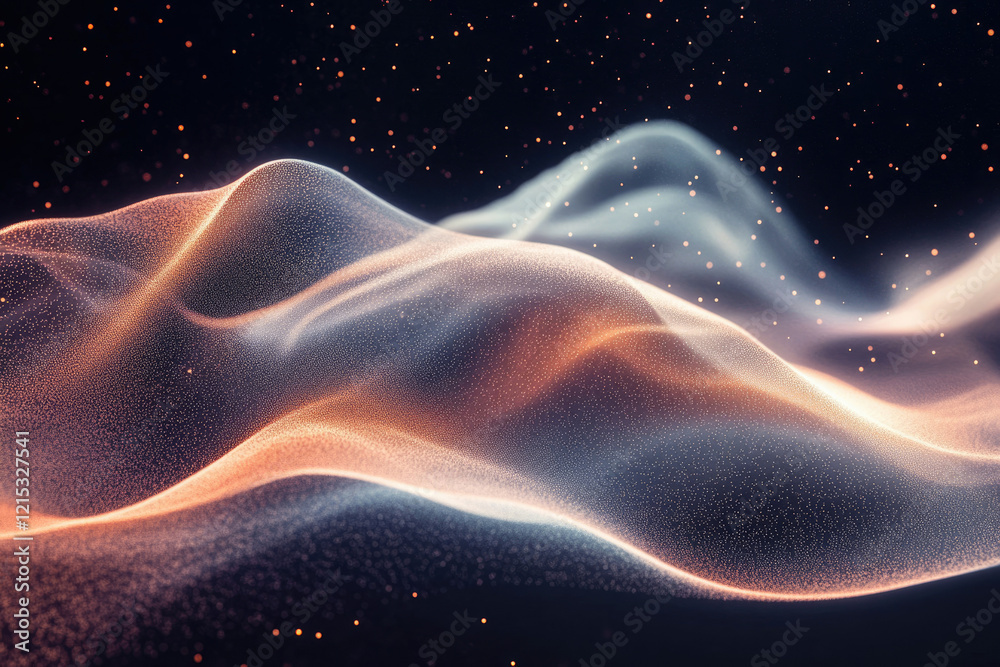 Poster abstract glowing wave of particles, illuminated with orange and white light, against a dark backgrou