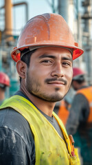 Fototapeta premium copy space, hispanic worker with safety vest and hardhat on an industrial site, chemical plant, face visible, other workers in background. Hispanic engineer with hardhat on chemical factory, latin wor