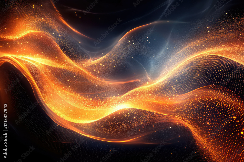 Poster Abstract glowing waves of golden particles and light, flowing smoothly in dark space.