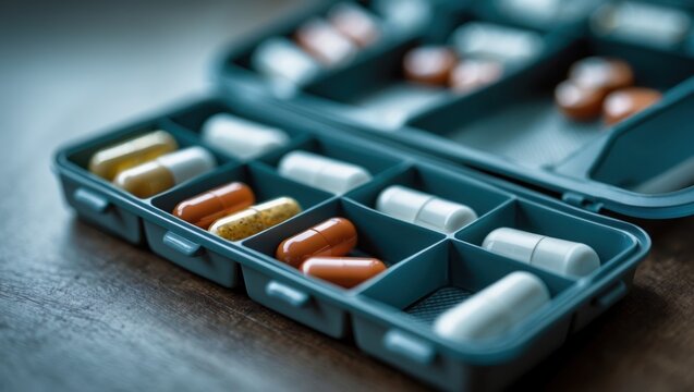 Weekly Pill Organizer with Colorful Capsules and Tablets