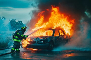 Fierce flames engulfing vehicle as brave firefighter fights the blaze at dusk