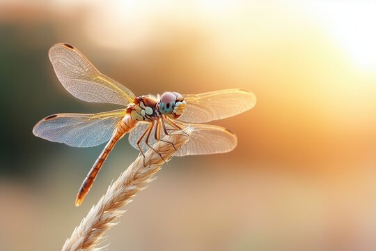 Close-up of dragonfly perched on wheat against colorful sunrise