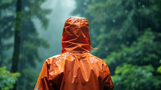  A person walking and wearing an orange rain coat in the rain