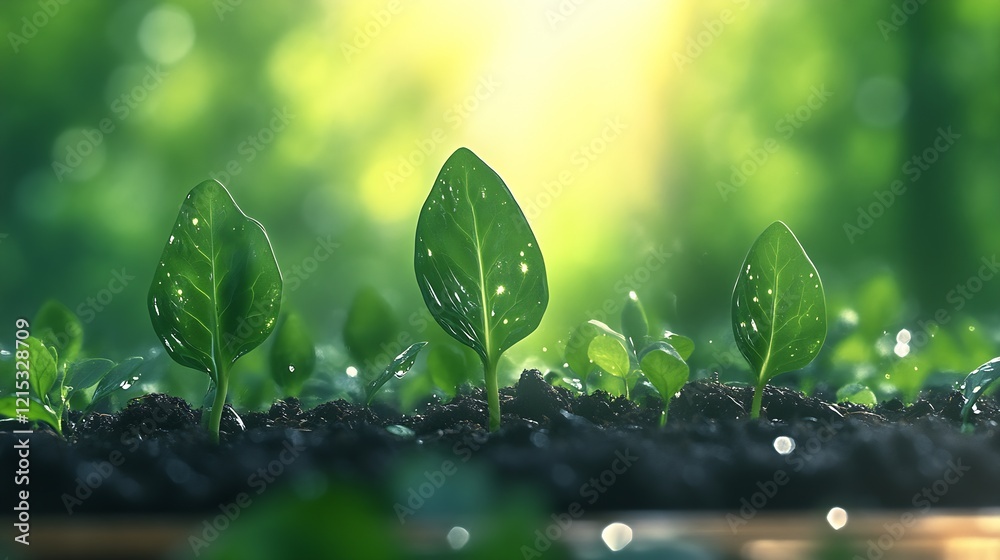 Poster vibrant green sprouting plant leaves in soil with sunlight and bokeh background : generative ai