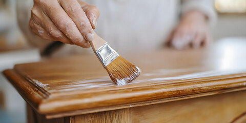 Close-up of a person's hands applying a white finish to a wooden surface with a paintbrush.  The wood is a rich brown tone, and the finish appears smooth and even.