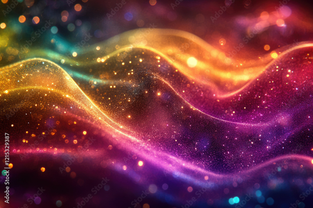 Poster abstract colorful glittering waves, cosmic dust and light particles forming vibrant patterns.