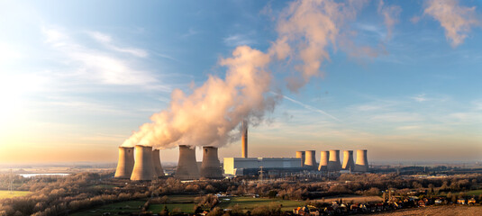 Aerial landscape panorama of Drax Power Station in North Yorkshire, UK at sunset