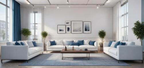 Cozy white and blue office lounge area with sofas and coffee tables, relaxation area, contemporary furniture, informal workspace