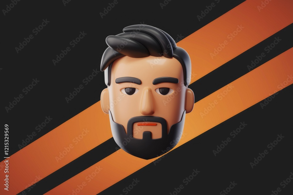 Poster 3d rendering of a man's head with short, dark hair and a beard, against a dark background with orang