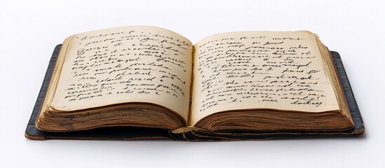 Obraz premium Antique book open, handwritten text, white background, history study