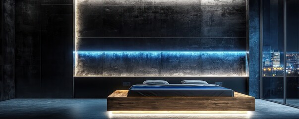 A sleek bedroom with black polished concrete walls and a minimalist oak bed frame