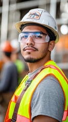 Obraz premium copy space, hispanic worker with safety vest and hardhat on an industrial site, chemical plant, face visible, other workers in background. Hispanic engineer with hardhat on chemical factory, latin wor