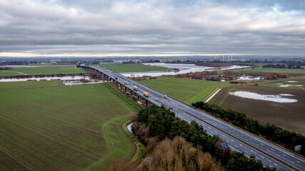 Aerial view of the M62 Motorway crossing the River Ouse on the Ouse Bridge at Goole