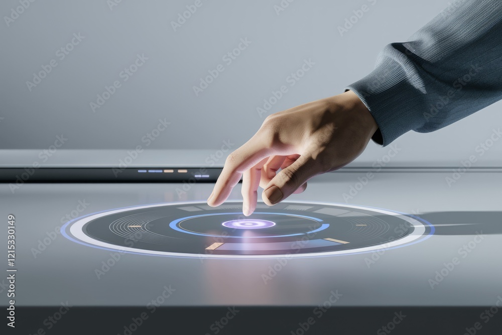 Poster a hand interacts with a futuristic, illuminated interface, showcasing advanced technology.