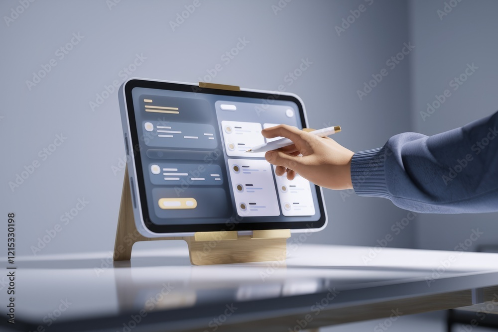 Poster Hand using stylus on tablet displaying organized digital information.