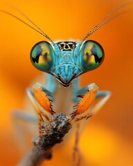 Vibrant Blue Mantis Insect Closeup On Orange Background