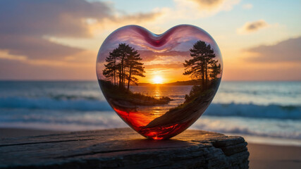 Obraz premium Heart-shaped glass captures serene sunset over tranquil beach landscape with silhouetted trees