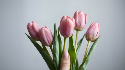 Fototapeta premium A dramatic image A hand with light skin and light pink nails holds a bouquet of pink tulips
