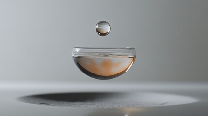 Water droplet falling into bowl, clean studio background, purity concept