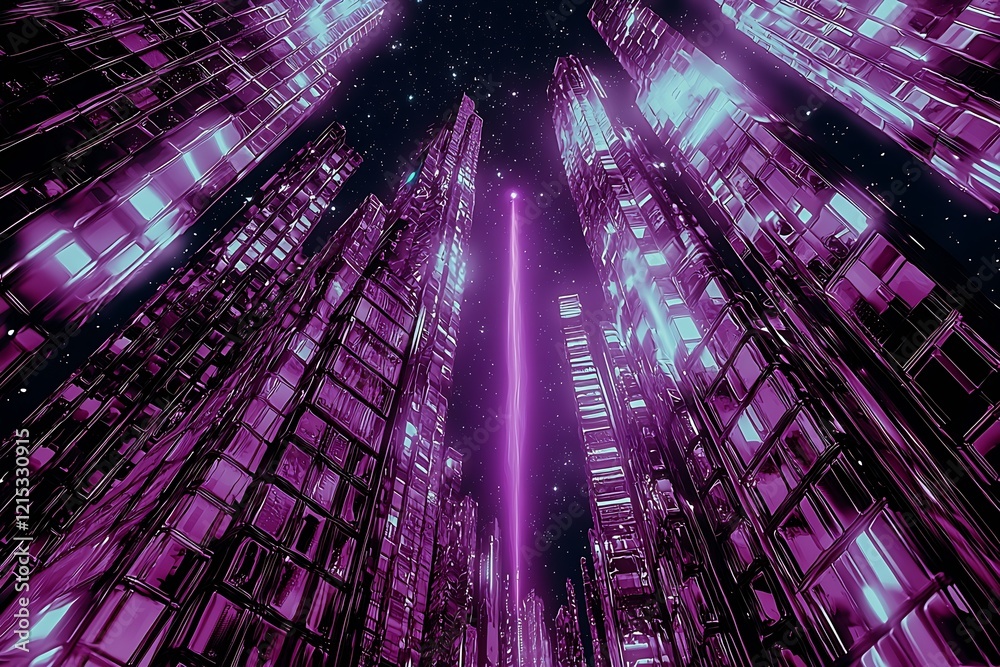 Aufkleber illuminated futuristic skyscrapers with pulsating pink lighting against starry sky : generative ai