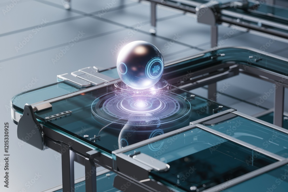 Poster Futuristic factory automation: A metallic sphere hovers over a transparent control panel, showcasing advanced technology.