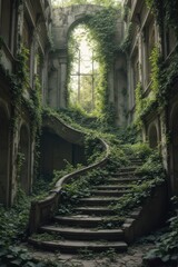 Naklejka premium the abandoned building is surrounded by vines and stairs