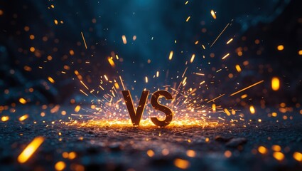 Metallic 'VS' Symbol Surrounded by Sparks on Dark Background versus, vs,