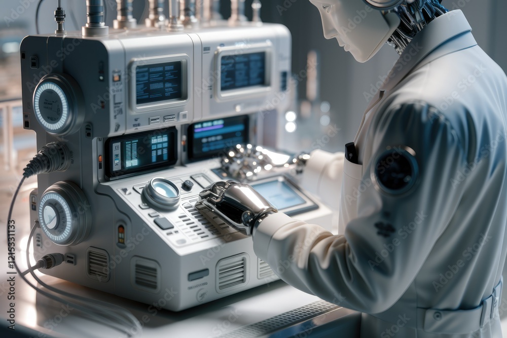 Poster a humanoid robot in a lab coat operates a futuristic scientific machine, conducting advanced researc