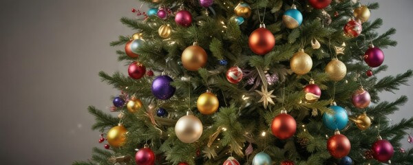 Decorated Christmas tree branches with colorful ornaments hanging from them, Colorful decorations, Ornamented branches, Wintery decor